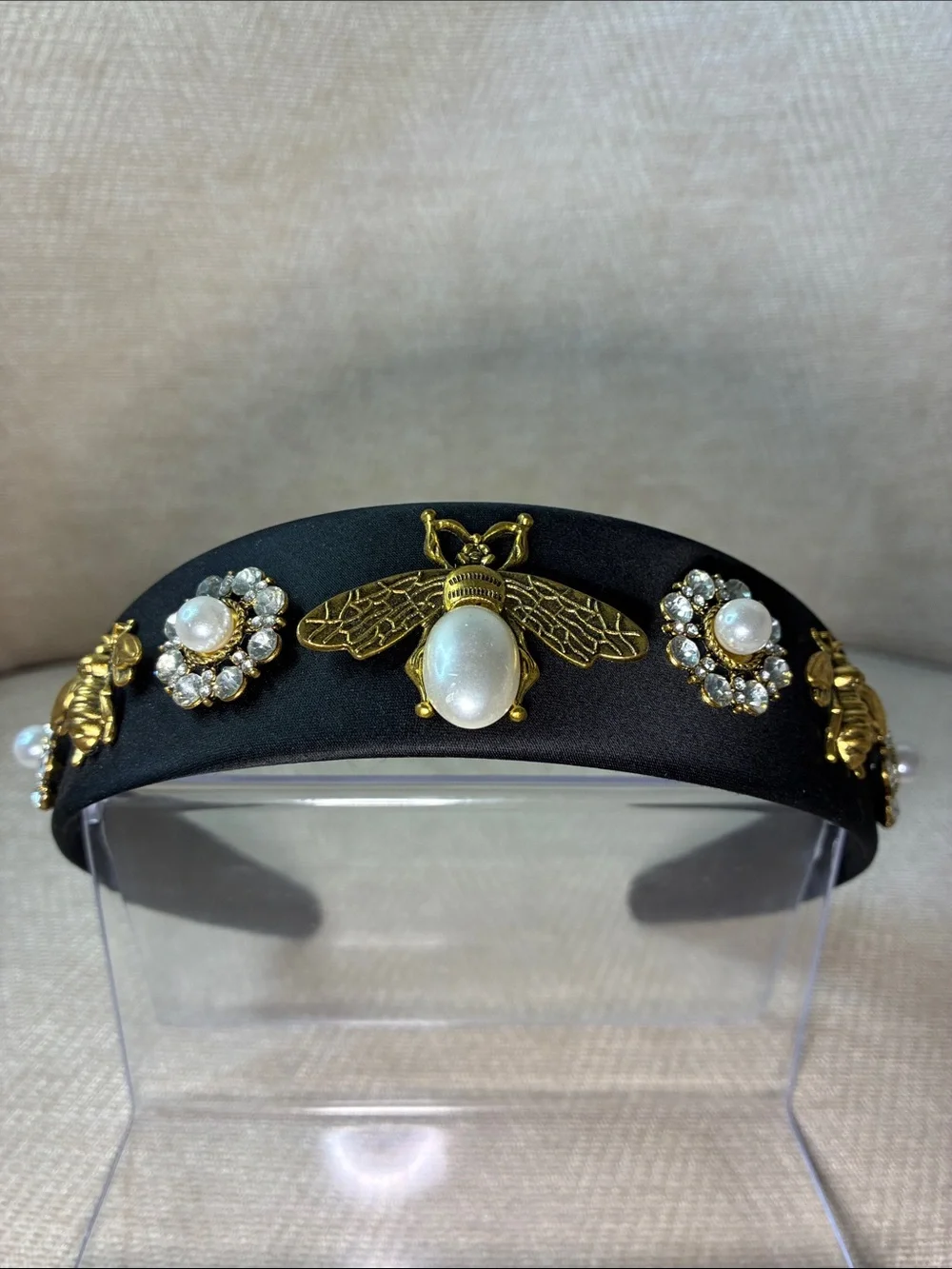 Source Unknown Black Satin Headband with Gold Bee and Pearl Details